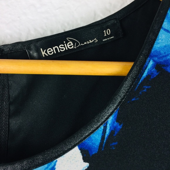 KENSIE Falling Leaves Dress Fall Blue Black Multi Feather Print Cap Sleeve 10 - Picture 7 of 12